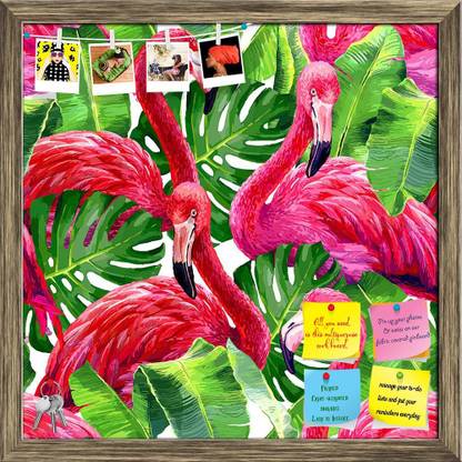 Artzfolio Tropical Pink Flamingo & Monstera Leafs Pattern Pinboard GoldenFrame24x24inch Cork Bulletin Board