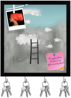 Artzfolio Surreal Room With Wooden Ladder & Clouds Pinboard & Key Hooks Black16x17.4in Cork Bulletin Board