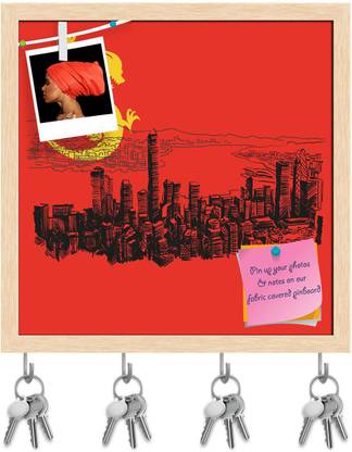 Artzfolio Hong Kong City Line Pin Board with Key Holders Natural Brown Frame 10x10inch Cork Bulletin Board