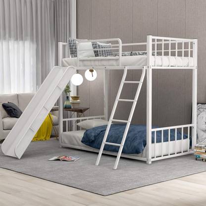ADORN MART Twin Metal Bunk Bed with Slide, No Box Spring Required Metal Bunk Bed