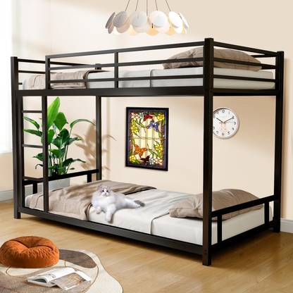 ADORN MART Twin Over Twin Size Low Metal Bunk Bed with Ladder & Guardrails Floor Bunk Frame Metal Bunk Bed