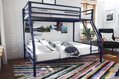 ADORN MART Twin-Over-Full Metal Bunk Bed with Ladder and Guardrails, Navy Blue Metal Bunk Bed