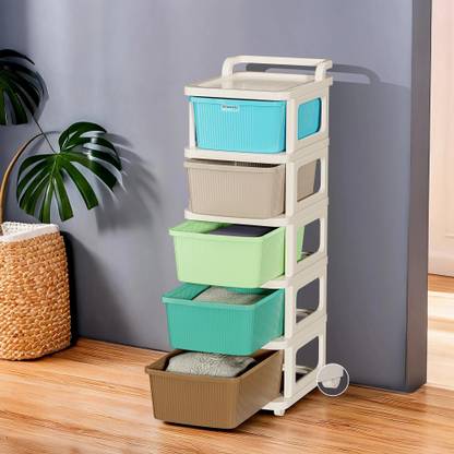 HOMESTIC 5 Layer Plastic Modular Storage Drawer Organizer with Wheels | Multicolor Plastic Free Standing Chest of Drawers