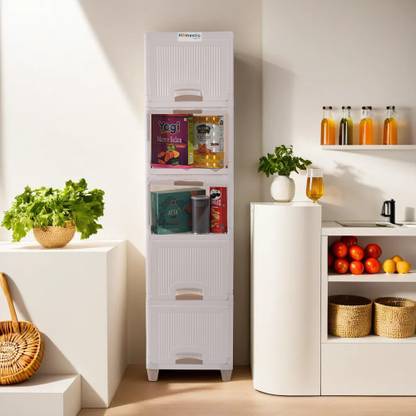 HOMESTIC by Kuber Industries 5 Units Multipurpose Folding Cabinet Storage Organizer | White Plastic Free Standing Cabinet