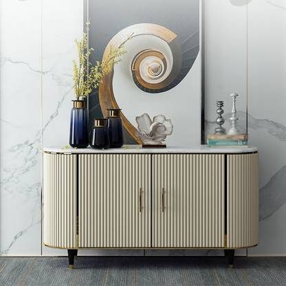 Kd Kohinoor Décor Texturine Modern Faux Marble 2-Door Sideboard Cabinet with Metal Handles Engineered Wood Free Standing Sideboard