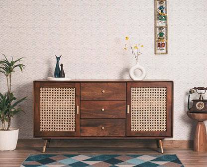 VRIKSHAKLA Boston Rattan Cane Two Door Sideboard Solid Wood Free Standing Cabinet