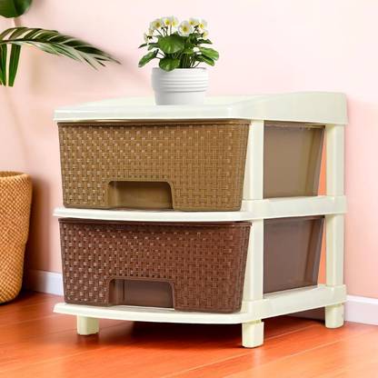 KUBER INDUSTRIES 2-Tier Multipurpose Plastic Drawers Storage Organizer | Brown Plastic Free Standing Chest of Drawers