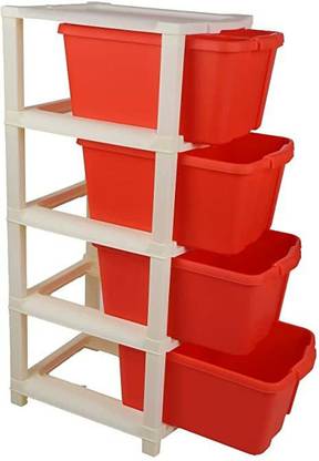 MY International Red Color 4 Layer Storage Drawer Organizer Plastic Free Standing Chest of Drawers