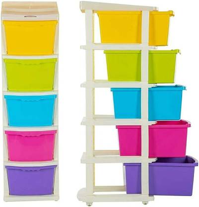 BAPUJI ENTERPRISE 5 Layer Plastic Modular Basket Drawer Chest Storage Rack System Large Stomo Multi Purpose chest of Trolley Foldable drawers Anti-Slip Shoes organizers Box (Multicolour, 5 layer drawer) Plastic Free Standing Chest of Drawers