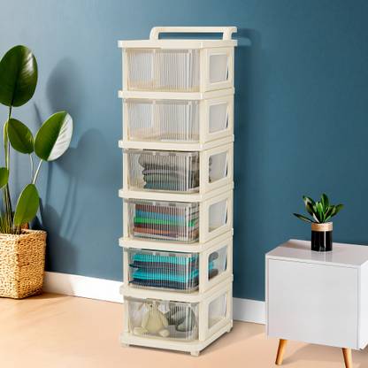 KUBER INDUSTRIES 6 Layer Plastic Modular Storage Drawer Organizer with Wheels | Transparent Ivory Plastic Free Standing Chest of Drawers