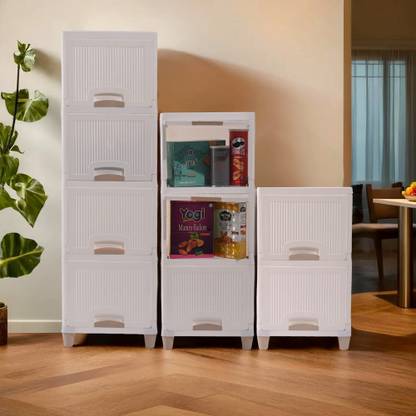 KUBER INDUSTRIES 9 Units Multipurpose ( 4 + 3 + 2 ) Folding Cabinet Storage Organizer | White Plastic Free Standing Cabinet