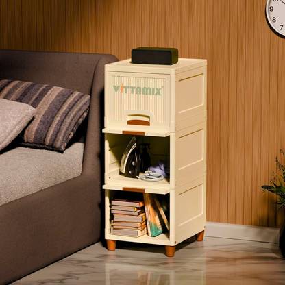 Vittamix 3 Units Multipurpose Folding Drawer, ivory Color Storage Organizer Box(3XL) Plastic Free Standing Chest of Drawers