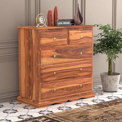 LIFEWOOD Life Wood Sheesham Wooden Chest of 5 Drawer for Living Room (Teak) Solid Wood Free Standing Chest of Drawers