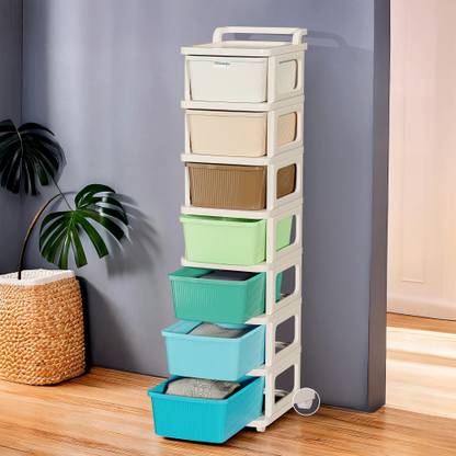 HOMESTIC 7 Layer Plastic Modular Storage Drawer Organizer with Wheels | Multicolor Plastic Free Standing Chest of Drawers