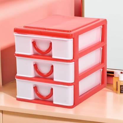 HOMESTIC by Kuber Industries 3-Layer Plastic Drawer Storage Organizer For Beauty Products | White & Red Plastic Free Standing Cabinet