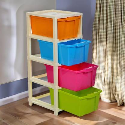 STARKENDY 4 Layer Foldable Modular Drawer Organizer Multipurpose Drawers Boxes Storage Rack, Extra Large Basket, Plastic (Multi Color) Plastic Free Standing Chest of Drawers