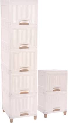 HOMESTIC by Kuber Industries 7 Units Multipurpose ( 5 + 2 ) Folding Cabinet Storage Organizer | White Plastic Free Standing Cabinet