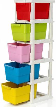MMCLUBS 5 Layer Plastic Drawer Multi Purpose Modular Anti-Slip Foldable Trolley Basket Plastic Free Standing Chest of Drawers