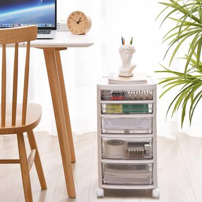 KUBER INDUSTRIES 5 Layer Cosmetic Cabinet with Trolley|5-Tier Rolling Cart|White Plastic Free Standing Cabinet