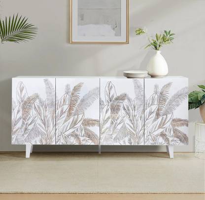 Furniza 4-Door Sideboard - White Finish | Hand-Carved Leaf Design | Mango Solid Wood Free Standing Sideboard