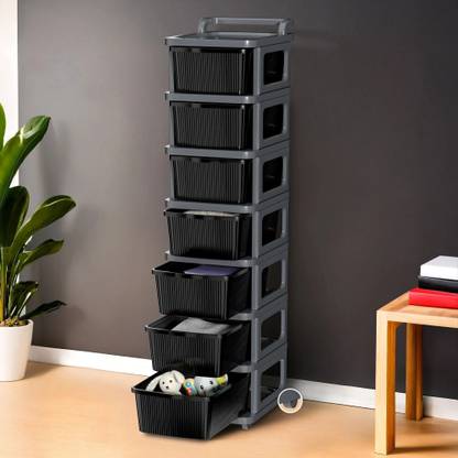 HOMESTIC 7 Layer Plastic Modular Storage Drawer Organizer with Wheels | Grey & Black Plastic Free Standing Chest of Drawers