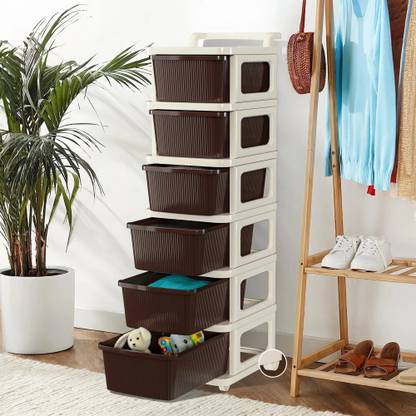 HOMESTIC 6 Layer Plastic Modular Storage Drawer Organizer with Wheels | Ivory & Brown Plastic Free Standing Chest of Drawers