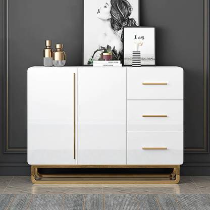 KDINTERIORS White Sideboard Nordic Buffet with Doors & Drawers & Adjustable Shelf in Small Engineered Wood Free Standing Sideboard