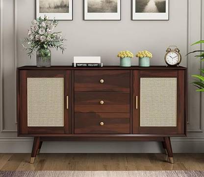Navya Handicraft Solid Sheeshas Wooden Sideboard Storage Cabinet with 3 Drawers and 4-Shelf | Solid Wood Free Standing Sideboard