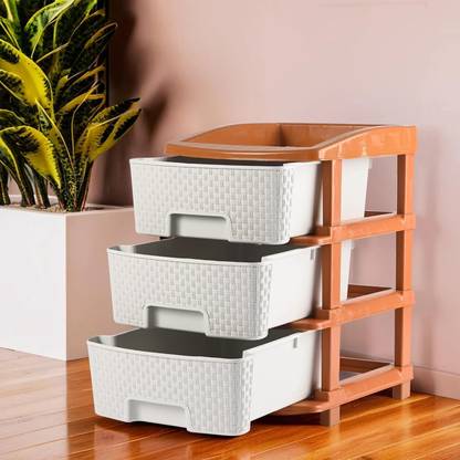 KUBER INDUSTRIES 3-Tier Multipurpose Plastic Drawers Storage Organizer | Brown & White Plastic Free Standing Chest of Drawers