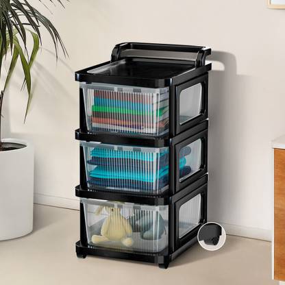 HOMESTIC 3 Layer Plastic Modular Storage Drawer Organizer with Wheels | Transparent Black Plastic Free Standing Chest of Drawers
