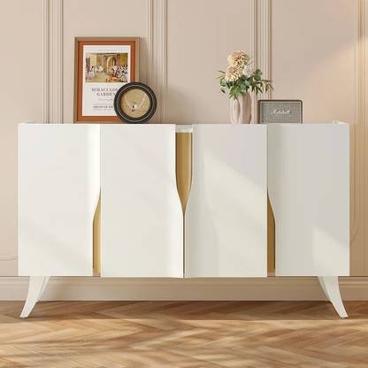 NG Decor 59" Modern White Sideboard Buffet with Doors Curved Credenza Adjustable Shelve Engineered Wood Free Standing Sideboard