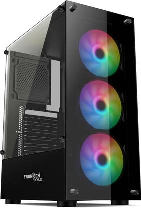 Frontech XYLO Gaming Computer Case with 2-USB 1.1|HD Audio & Tempered Glass Panel RGB Fan with RGB Fan, Mid Tower Cabinet with USB 2.0 and USB 3.0 Ports Compatible with Computer