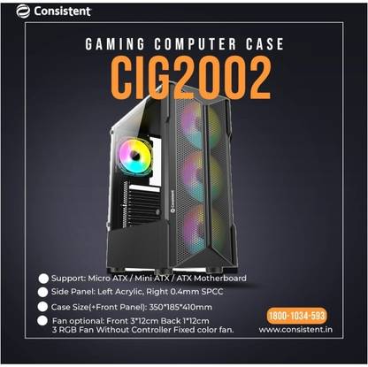 Consistent Gaming Cabinet CIG2002 Without Power Supply Micro ATX Cabinet with USB 2.0 Ports Compatible with Computer
