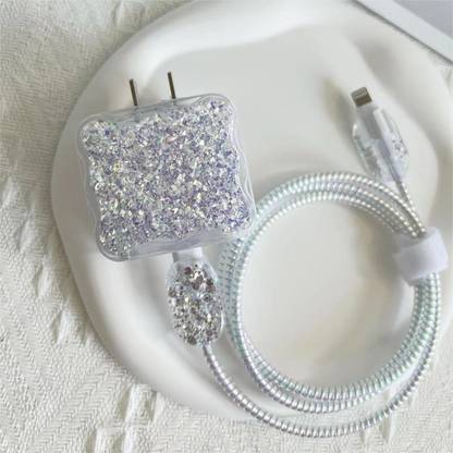 Micvir Charger Cover for iPhone 18W-20W Charger, 3D Cartoon Design Sparkle Grey, Spiral Cable Protector