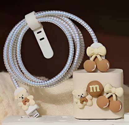 Micvir Charger Cover for iPhone 18W-20W Charger, 3D Cartoon Design Cherry Brown, Spiral Cable Protector