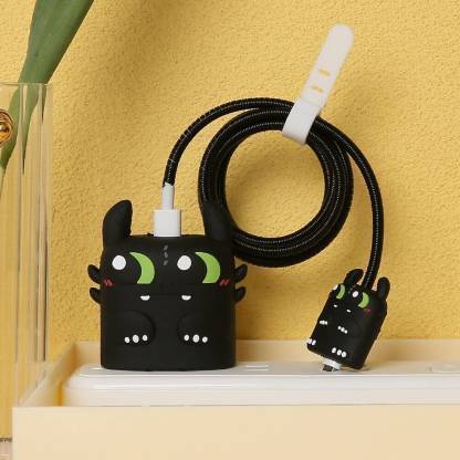 BinkSon 3D Black Dragon Cartoon Design iPhone Charger Case For 18W/20W & Spiral Cover Cable Protector