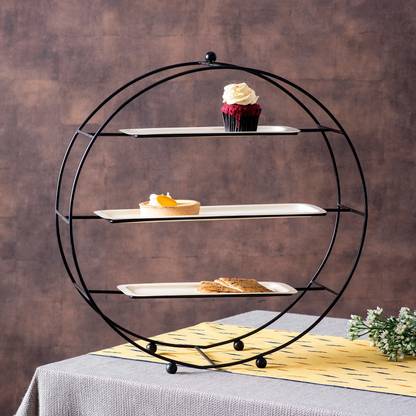 nestroots Round Serving Platter Table top Buffet Organizer Platter Stand(3 Shelves Black) Iron Cake Server