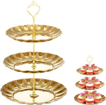 PATPAT 3 Tier Stainless Snack Cake Stand, Pastry Stand, European Cupcake Stand Golden Gold Plated Cake Server