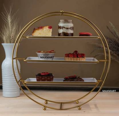 MAX MART 16 inch Buffet Server Catering Decorative Item with Gold Stand and White Plates Stainless Steel Cake Server