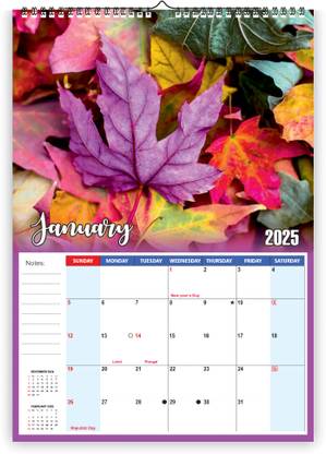 Leonius Beautiful Multicolor Leaf Design with Large Writing Space 2025 Wall Calendar
