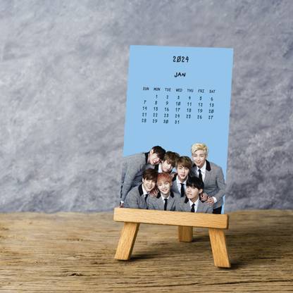 CREATIVE CONVERT BTS Desk Calendar With bts songs spotify link on back. (wooden Mini Easel) present Table Calendar