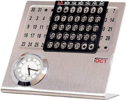 ZAHEPA Permanent Metal Table Calendar with Clock & Month Display (11 X 11 X 5 cm) every time Table Calendar