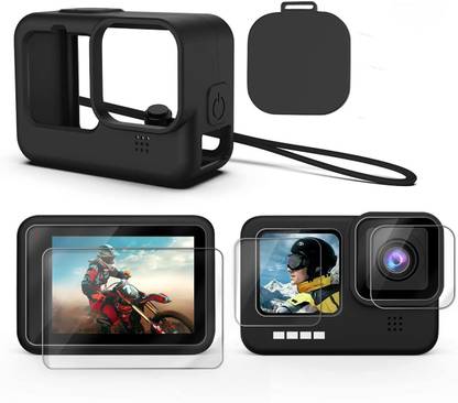Hiffin HF Silicone Lanyard Sleeve Protective Cover + 3 PCS Tempered Glass Screen Guard with Silicone Lens Cover Compatible with Go Pro Hero 9 Black Action Camera Accessories (Black + Screen Guard)  Camera Bag