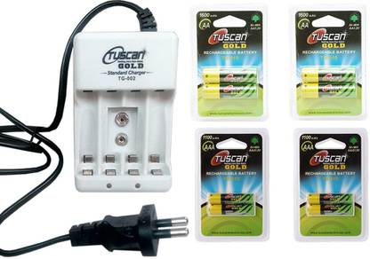 Tuscan Gold BATTERY CHARGER & (4pcs) AA1600 BATTERIES & (4pcs) AAA1100 BATTERIES COMBO PACK  Camera Battery Charger
