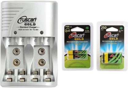 Tuscan Gold TG003 BATTERY CHARGER & (1PC) 9V 250 mAh RECHARGEABLE BATTERY & (2pcs) AAA1100 BATTERIES COMBO PACK  Camera Battery Charger