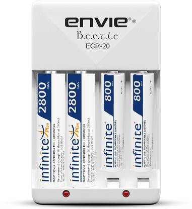 Envie High Speed Wall Plug Charger ECR 20 for AA & AAA Ni-mh/Ni-cd Rechargeable Batteries | 2000MA Output Current | with 2 xAA2800 & 2xAAA800 Rechargeable Batteries (ECR20 2800 800 2PL)  Camera Battery Charger