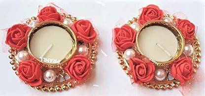 PRAHLL Artificial Rose,Pearls Diya Tlite Rangoli Floating/Non Floating Festive Decor Brass 2 - Cup Tealight Holder