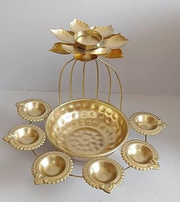 SIRAAJ Urli Bowl Flower Design with Diya Shape Tealight Candle Holder Decorative Bowl Iron Candle Holder Set