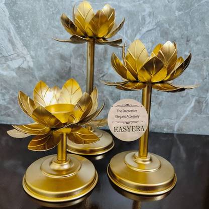 Brand Retail modern Golden tealight holder has stylishly shaped Lotus Candle Holder Stand Gold, Pack of 3) Metal Beautiful Design Home Decoration Festival Occasions Iron 3 - Cup Tealight Holder Set