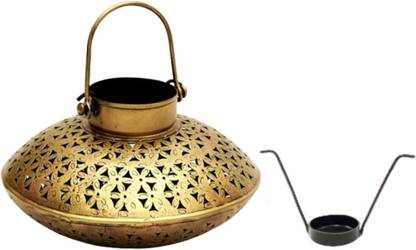 Vandana Collection Metal Lantern with Floral Cut Design, Gold Finish, Hanging Handle Iron 1 - Cup Tealight Holder